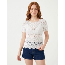 SSO Akdeniz Güneşi El Yapımı Ajurlu Motifli Beyaz Örgü Bluz