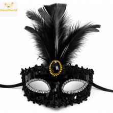 NW Nessi World Lüks Siyah Tüylü Taşlı Balo Maskesi