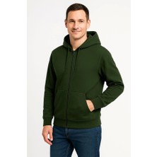 Ulak Handmader Erkek Üç Iplik Kapüşonlu Tam Fermuarlı Kanguru Çepli Sweatshirt Hoodie - Haki