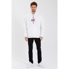 Erkek Baskılı Üç Iplik Kapüşonlu Oversize Sweatshirt - Beyaz
