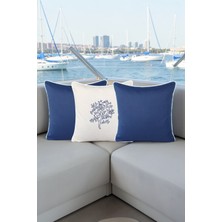 Visionario Kırlent Kılıfı 45X45 3'lü Marin Set Nakışlı Yosun Desen + Düz Su Itici Outdoor Keten Tekne Bahçe