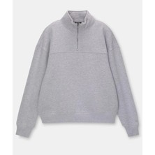 Kadın Üç Iplik Oversize Yarım Farmuarlı Yakalı Basic Sweatshirt - Gri