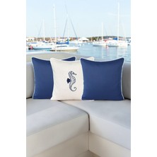 Visionario Kırlent Kılıfı 45X45 3'lü Marin Set Nakışlı Deniz Atı Desen + Düz Su Itici Outdoor Keten Tekne Bahçe
