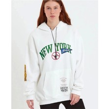 Kadın Baskılı Kapüşonlu  Üç Iplik Pamuklu Sweatshirt - Beyaz