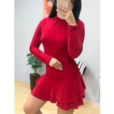 Deridün Yıldız Shoes Kadın Uzun Kollu Balıkçı Yaka Mini Fırfırlı Sandy Elbise