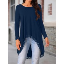 Civetta Kadın Uzun Kollu Bisiklet Yaka Asimetrik Kesim Detaylı Dantelli Viskon Bluz