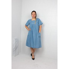 Truva Xxl Kare Yaka Kot Elbise Beden Günlük Şık Denim Elbise