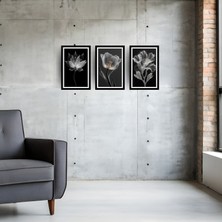 TASARIM ŞEYLER X-Ray Florals: 3’lü Siyah Beyaz Modern Çiçek Görünümlü Tablo Seti 1