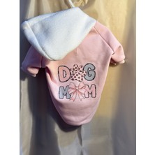 Dog Mom Baskılı Kapüşonlu Köpek Sweatshirt - Pembe & Beyaz Küçük Irk Köpek Hoodie
