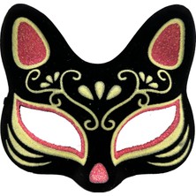 Kuzgun Ticaret Siyah Renk Süet Kaplama Üzeri Kırmızı Sarı Simli Kedi Maskesi 17X14 cm - Lisinya