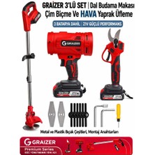 Graizer Premium 3'lü Akülü Bahçe Bakım Seti - Çim Biçme, Dal Budama Makası ve Yaprak Üfleme (3 Bataryalı 21V)