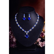 KLC Takı Kadın Gümüş Renk Model Zirkon Taşlı Kolye Küpe Seti