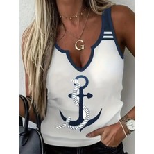 Etiler Collection Kadın Kalp Yaka Çıpa Baskılı Süprem Bluz