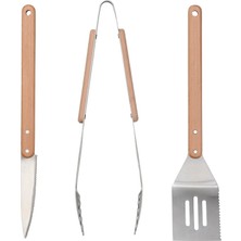 IKEA 3 Parça Barbekü Mangal Gereçleri Uzunluklar: 42 cm Seti Paslanmaz Çelik Maşa, Bıçak ve Spatula Set Ahşap Sap
