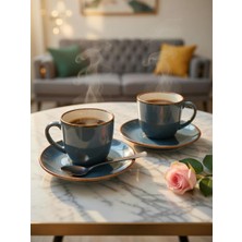 Gece Mavisi El Işçiliği 2 Kişilik Seramik Kahve Fincan Takımı - Özel Hediye Kutulu