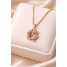 Ares 01 Store 💗pembe Taşlı Yonca Figürlü Altın Renk Kadın Kolye💗