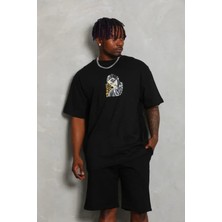 Defy Moda Erkek Baskılı T-Shirt Kısa Kol Bisiklet Yaka Regular Fit Rahat Kalıp Günlük Tişört - Siyah