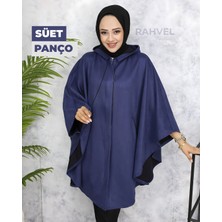 Asude Kapüşonlu Süet Panço Lacivert Renk