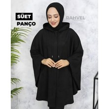 Asude Kapüşonlu Süet Panço Siyah Renk