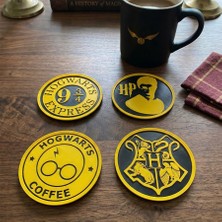 Riva Self Harry Potter Fan Özel 4'lü Coaster Seti - Sarı-Siyah Hogwarts Tasarımlı Bardak Altlığı