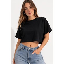 Mg Giyim Kadın Bisiklet Yaka Crop Tişört