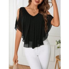 Hyem Kısa Kollu V Yakalı Omuzları Açık Salaş Şifon Bluz