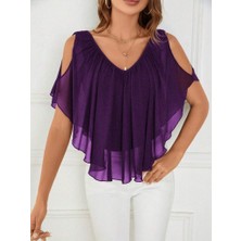 Hyem Kısa Kollu V Yakalı Omuzları Açık Salaş Şifon Bluz