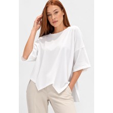 Mg Giyim Kadın Beyaz Oversize Asimetrik Kesim Tişört
