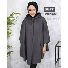 Asude Kapüşonlu Süet Panço Füme Renk