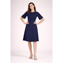 Mg Giyim Kadın Lacivert Çizgili Midi Elbise