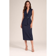 Mg Giyim Kadın Çizgili Yelek Kalem Etek Takım Kemer Detaylı