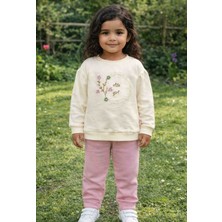 Vovido Çiçek Nakışlı Kız Çocuk Eşofman Takımı – Pamuklu Krem Sweatshirt & Pembe Alt Takım