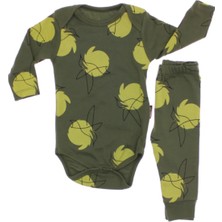 VİTASTORETR Haki Kuş Desen Baskılı Pamuklu Uzun Kollu Bebek Zıbın Takımı