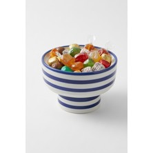 Evcime Çizgili Ayaklı Seramik Sunum Kasesi & Şekerlik & Çerezlik - (14 Cm) Mavi Beyaz