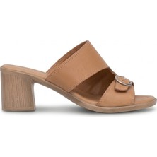 Ayakkabı Fuarı Elit KOC2222 Kadın Hakiki Deri Topuklu Terlik Taba