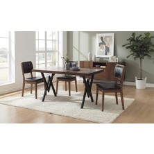 Vetro Wood Kütük Yemek Masası Takımı 200X90 cm Doğal Ceviz Kaplama Metal Ayak 6 Adet Sandalyeli