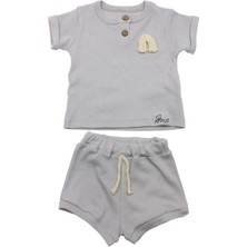 VİTASTORETR Gri Düğmeli Kısa Kollu Şortlu Pamuklu Penye 2 Li Bebek Takımı