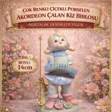 Çok Renkli Çiçekli Porselen Akordeon Çalan Kız Biblosu – Nostaljik Dekoratif Figür