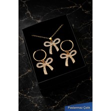 Trend Collection Zirkon Taşlı Fiyonk Çelik Kolye Küpe Seti – Kadın Gold Takı Seti