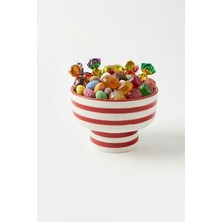 Evcime Çizgili Ayaklı Seramik Sunum Kasesi & Şekerlik & Çerezlik - (14 Cm) Kırmızı Beyaz
