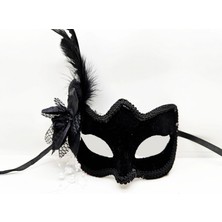 Epilons Siyah Renk Yandan Tüylü Beyaz Incili Süet Kaplama A Kalite Lüks Parti Maskesi 20X23 cm