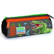 SHC4200 Coral High Gri Yeşil T-Rex Üç Bölmeli Kalem Çantası -Erkek Çocuk