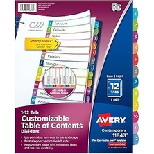 SHC4200 Avery 3 Halkalı Klasör Için 12 Bölmeli Bölücü, Özelleştirilebilir Içerik Tablosu, Çok Renkli Sekmel