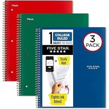 SHC4200 Five Spiral Defterler + Çalışma Uygulaması, 3'lü Paket, 1-Konu, Kolej Çizgili Kağıt, 200