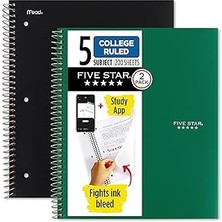 SHC4200 Five Spiral Defterler + Çalışma Uygulaması, 2'li Paket, 5 Konu, Kolej Çizgili Kağıt, 200