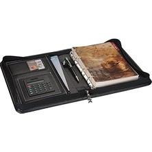 SHC4200 2k 2026 Ajanda Suni Deri Fermuarlı 4 Halka Mekanizmalı Hesap Makineli Organizer, Siyah, 21X27 cm