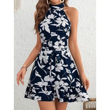 Arben Boutique Kadın Omuzlardan Açık Balıkçı Yakalı Kuşaklı Desenli Kısa Süprem Elbise