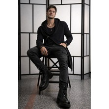 SiFu Tekstil Erkek Siyah Kapüşonlu Uzun Triko Hırka Tokalı Asimetrik Tasarım- Modern Tasarım