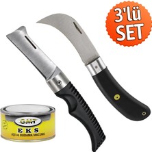 Badem10 Plastik Saplı Bıçak Çakı Soğuk Aşı Macunu Profesyonel Çelik Eğri Uç Bağ Ağaç Budama Bıçağı 3'lü Set