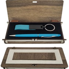 Katre46 Mavi Kalem ve Anahtarlık Ahşap Kutulu Set